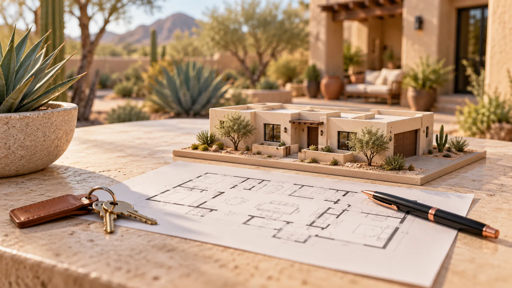 AI illustration of a miniature desert home beside a floor plan, house keys and a pen.