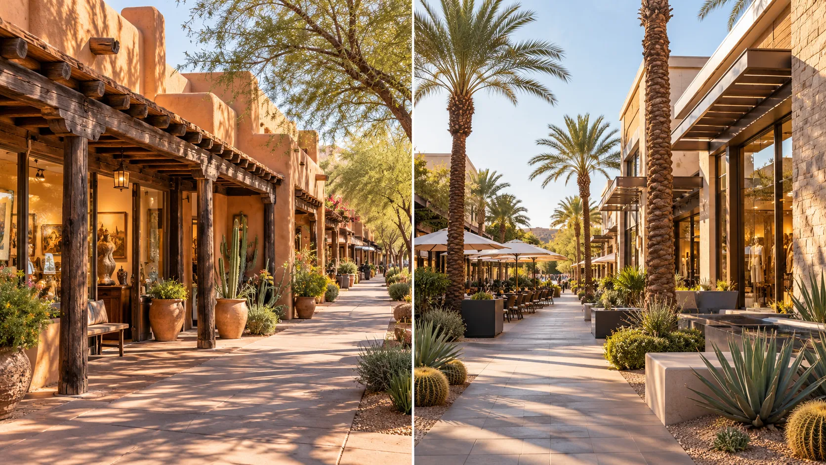 AI illustration pairing a historic adobe shopping street with a contemporary palm lined shopping district.